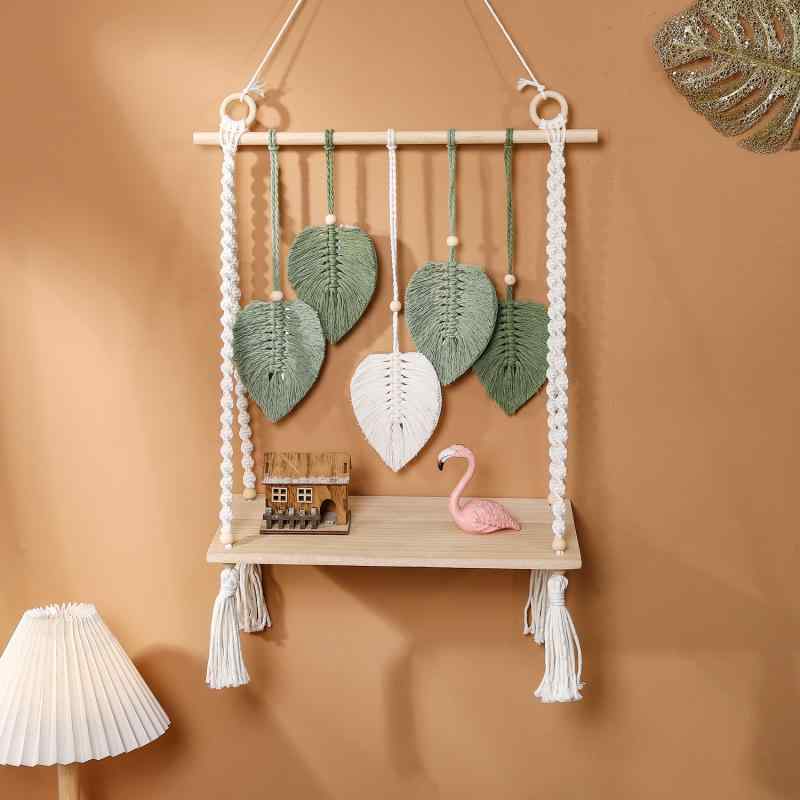 タペストリー 北欧風 ウォールシェルフ 手編み マクラメ 壁掛け 棚 ラック コットン 綿 木材 木製ボード 飾り インテリア雑貨 リビング 寝室 玄関 小物置き おしゃれ ナチュラルカラー