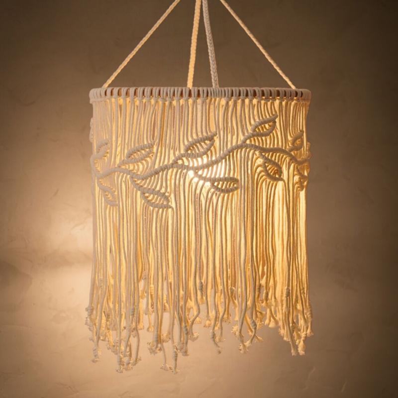 ランプシェード コットンロープ 手編み 編み込み ロングタッセル 寝室 ベッドルーム ペンダントライト 吊り下げ照明 インテリア 民宿装飾 アイボリー オフホワイト