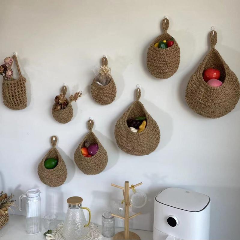 壁掛けかご 麻ひも 手編み フルーツ 果物 野菜 ストッカー キッチン収納 吊り下げ収納 おしゃれ ナチュ..