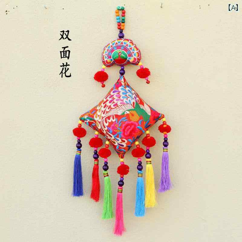 壁掛け 民族風 エスニック 両面刺繍 タッセル 吉祥模様 布製 リビング 玄関 寝室 オフィス 店舗装飾 インテリア ウォールデコ