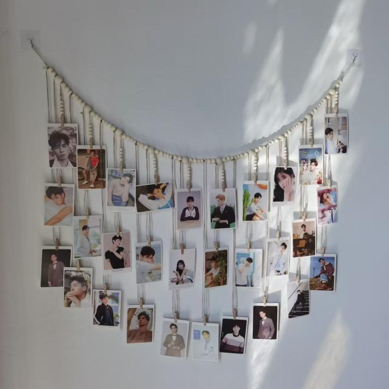 フォトウォール 壁掛け 木製ビーズ 麻紐 クリップ 写真収納 ディスプレイ 北欧風 ハンドメイド おしゃれ かわいい 多機能 インテリア リビング 寝室 玄関 飾り