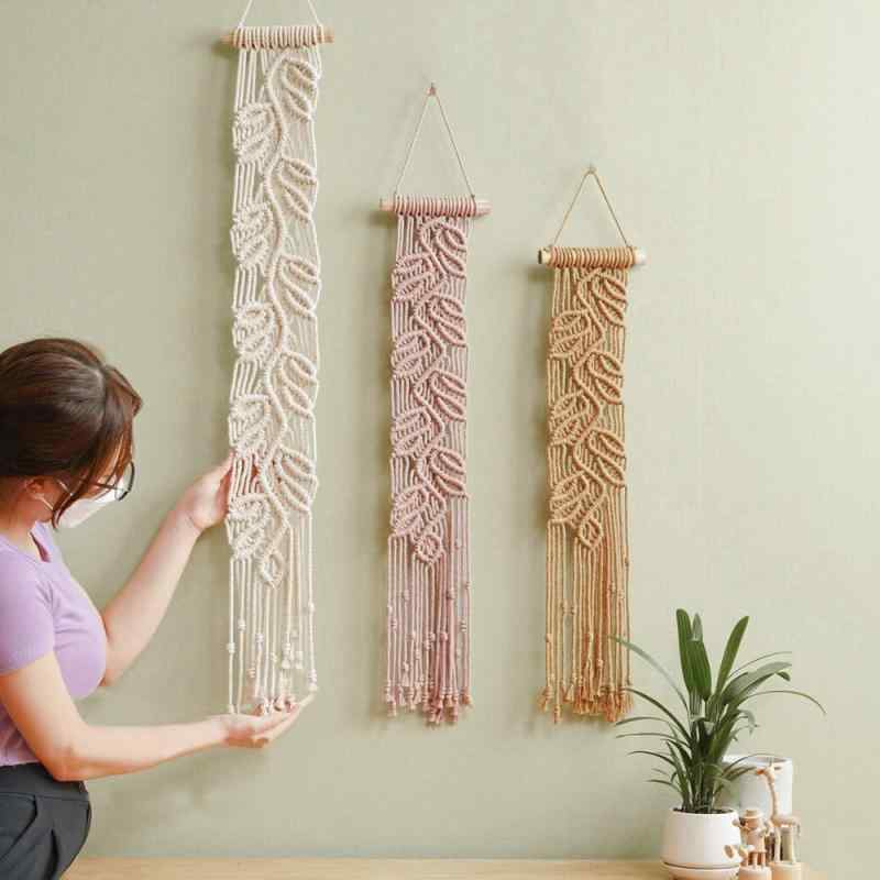 タペストリー 壁掛け ボヘミアン コットンロープ 手編み リーフ ウォールデコレーション おしゃれ インテリア 雑貨 リビング 寝室 玄関 無地 ポリエステル