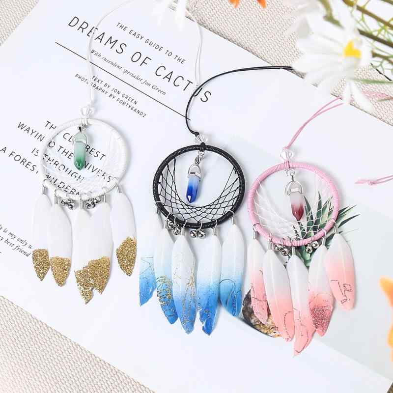 ドリームキャッチャー フェザー 箔押し グラデーション 六角柱 クリスタル 車用 吊り飾り カーアクセサ..