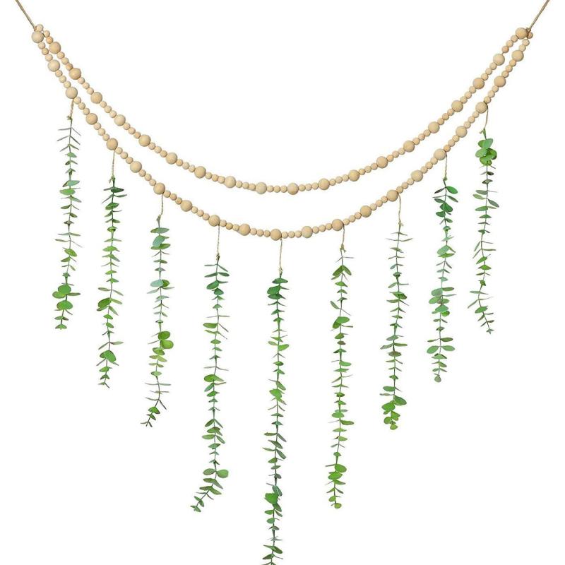 壁飾り 北欧風 ウッドビーズ フェイクユーカリ 麻ひも ジュートロープ フォトホルダー 写真ディスプレイ ナチュラルカラー 壁掛け ウォールデコレーション インテリア リビング 寝室 玄関 部屋飾り おしゃれ