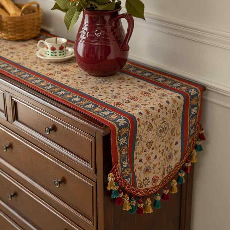 テーブルランナー アメリカン レトロ フリンジ 高級感 植物柄 ポリエステル リビング ダイニング テレ..
