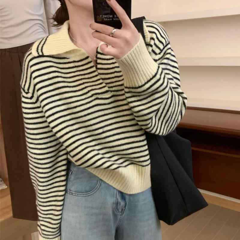 ニット レディース ポロ襟 配色 ストライプ ゆったり ルーズフィット 着痩せ 体型カバー 長袖 プルオー..
