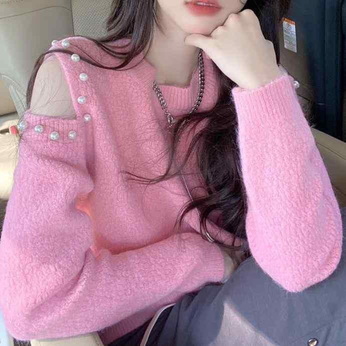 ニット レディース フェミニン 春秋 オフショルダー 肩出し ビーズ装飾 パール 個性的 ゆったり クルーネック ドロップショルダー アクリル 中厚手 ホワイト ピンク トップス(4)