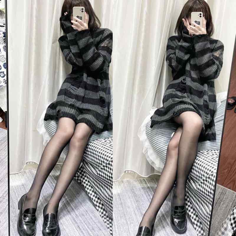 ニット ユニセックス オーバーサイズ ストライプ グラデーション ダメージ加工 パンク サブカルチャー ..