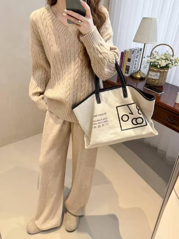 セットアップ レディース 秋冬 やわらか もちもち ケーブル編み Vネック プルオーバー ニット 長袖 ゆったり 体型カバー カジュアル 上下セット パンツ 普段使い おうちコーデ 黒 グレー ベージュ