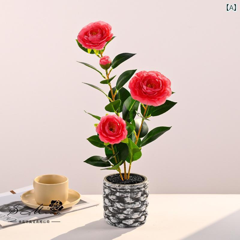 造花 盆栽 ツバキ 四本立て フェイクフラワー 人工観葉植物 インテリア リビング 室内 デコレーション 飾り 置物 おしゃれ フラワー 高さ46cm