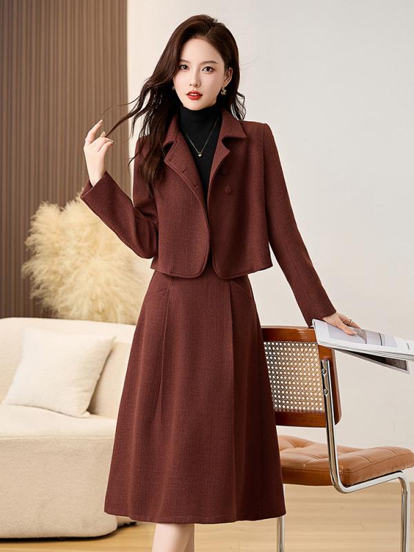 スカートセットアップ レディース 秋冬 上品な 厚手 ツイード ジャケット 無地 ミモレ丈 スカート ツーピース ポリエステル アウター ボトムス 通勤 オフィススタイル