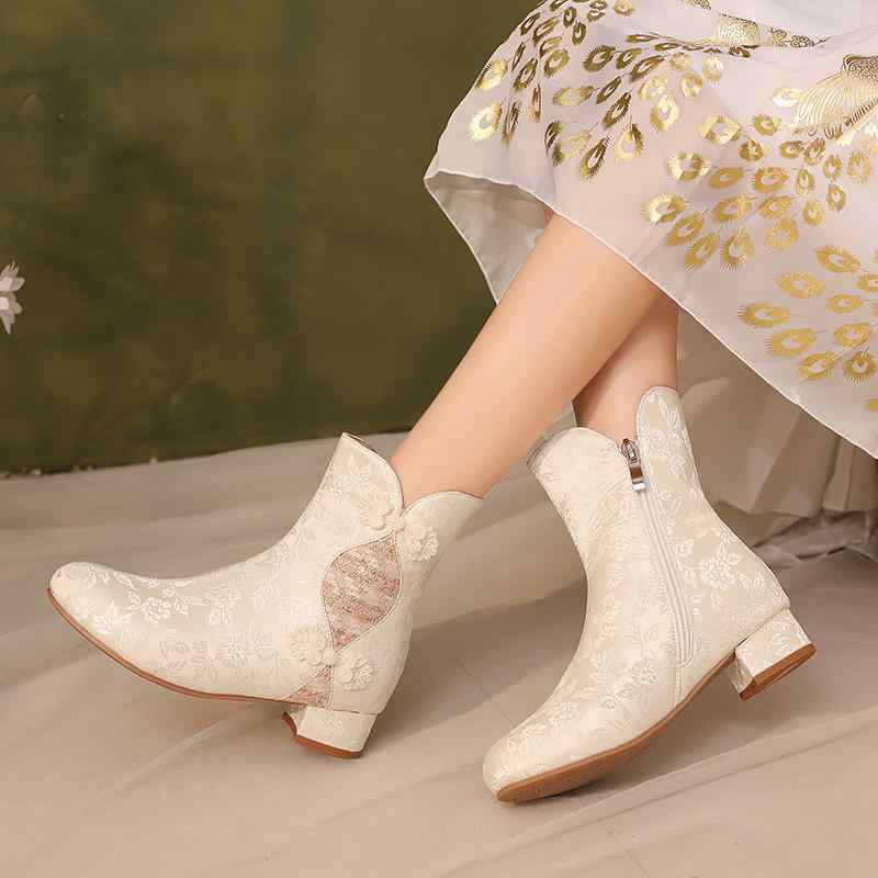 ショートブーツ レディース 和風 レトロ モダン チャイナドレス風 漢服 太ヒール ミドルヒール ラウン..