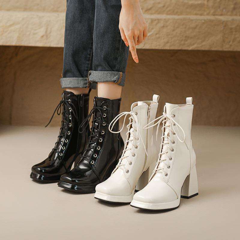 ショートブーツ レディース パテントレザー 革靴 チャンキーヒール レースアップ ブーツ スクエアトゥ ..