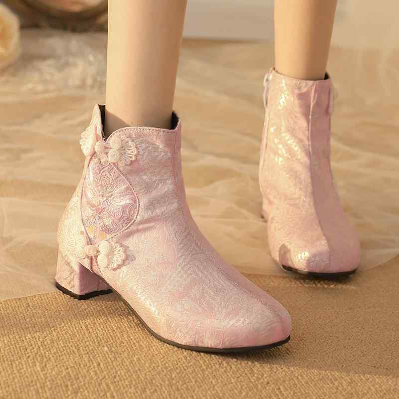 ブーツ レディース 騎士ブーツ チャイナドレス風 漢服風 ショートブーツ チャンキーミドルヒール キャ..