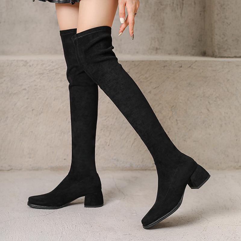 ブーツ レディース 秋冬 伸縮性 ニーハイブーツ 太ヒール ミドルヒール スクエアトゥ スエード調 スリ..