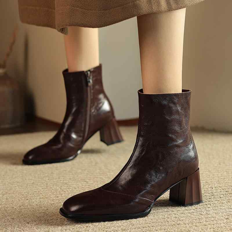 ショートブーツ レディース 秋冬 羊革 サイドジップ スクエアトゥ チャンキーヒール 切り替え ジョッキ..