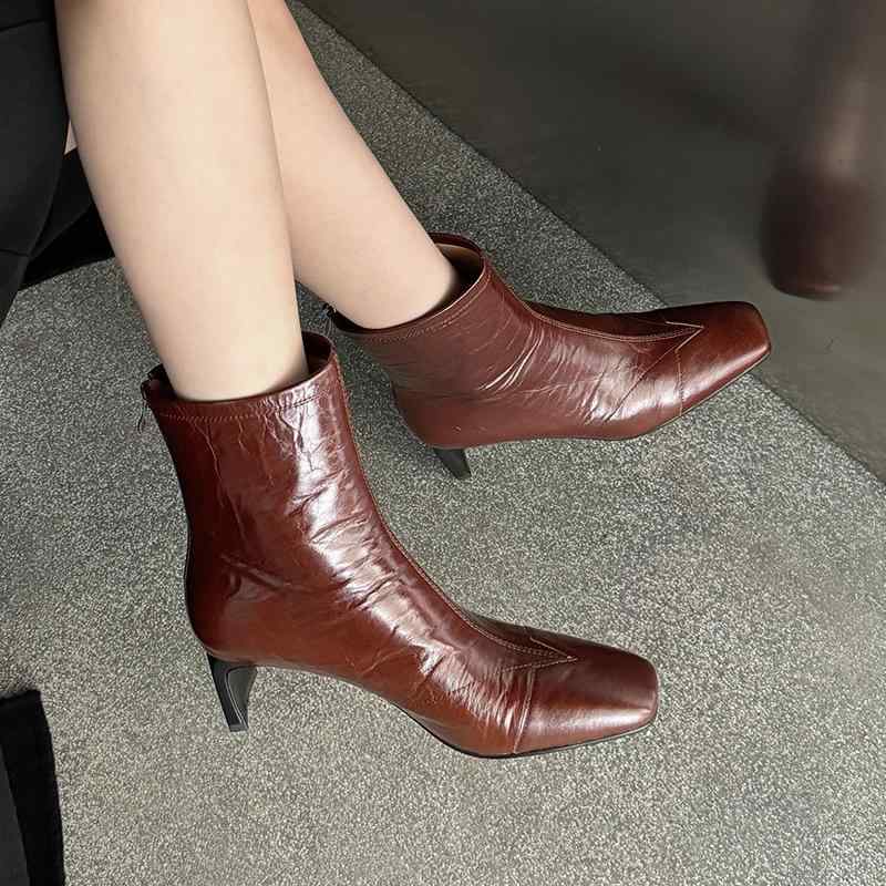 ブーツ レディース 牛革 本革 チャンキーヒール スクエアトゥ ショートブーツ ブーツ ミドルヒール ス..