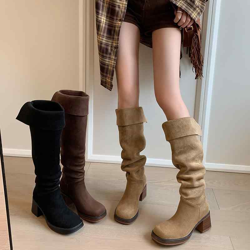 ブーツ レディース ニーハイ ロング 本革 スエード 2way ミドルヒール チャンキーヒール ラウンドトゥ ..