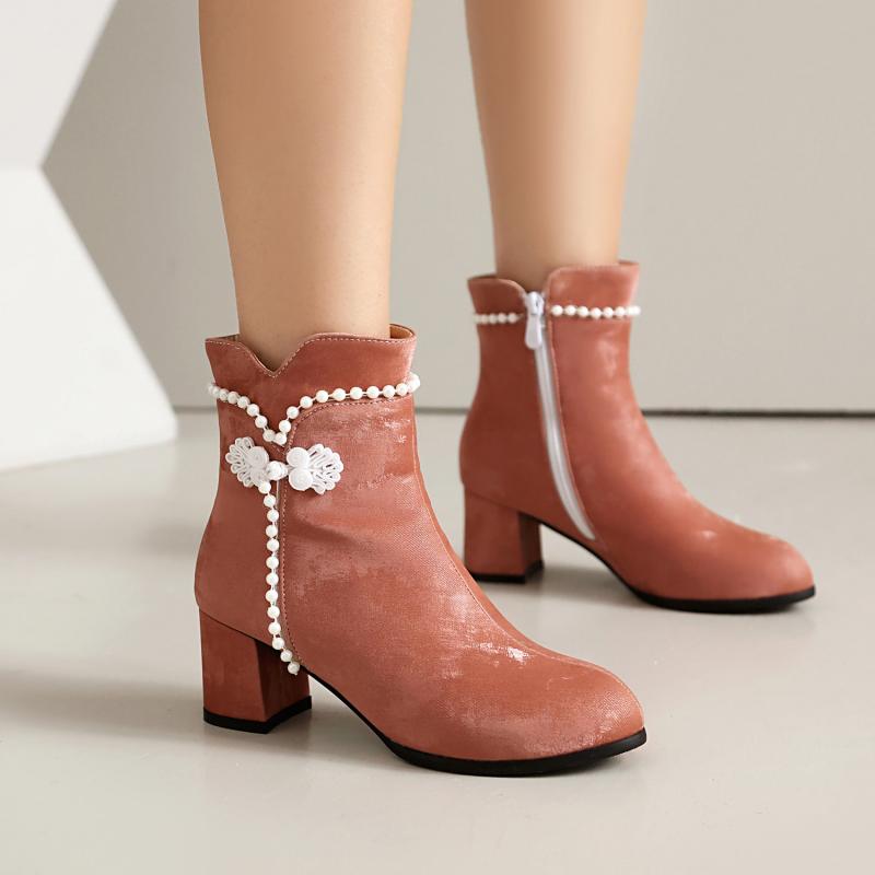 ライダーブーツ レディース 女性用 パール チャイナボタン 秋冬 ショート丈 太めヒール ミドルヒール ..