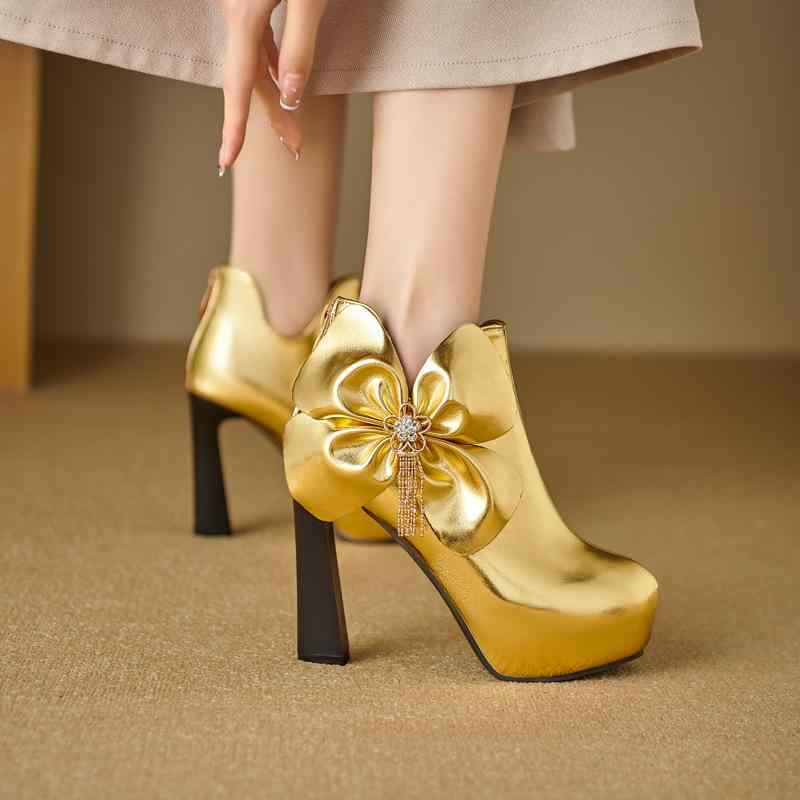 ブーツ レディース 女性用 秋冬 リボン ショートブーツ ブーティ 厚底 ストーム 太ヒール チャンキーヒ..