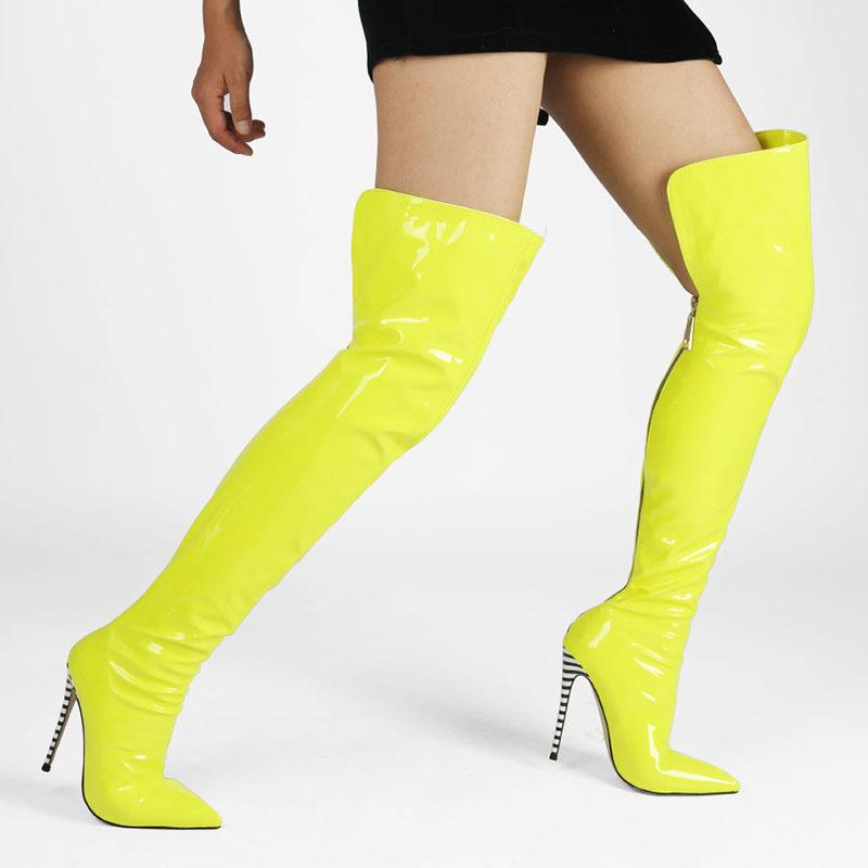 ニーハイブーツ レディース 秋冬 細ヒール ピンヒール エナメル パテントレザー オレンジ バックジップ..