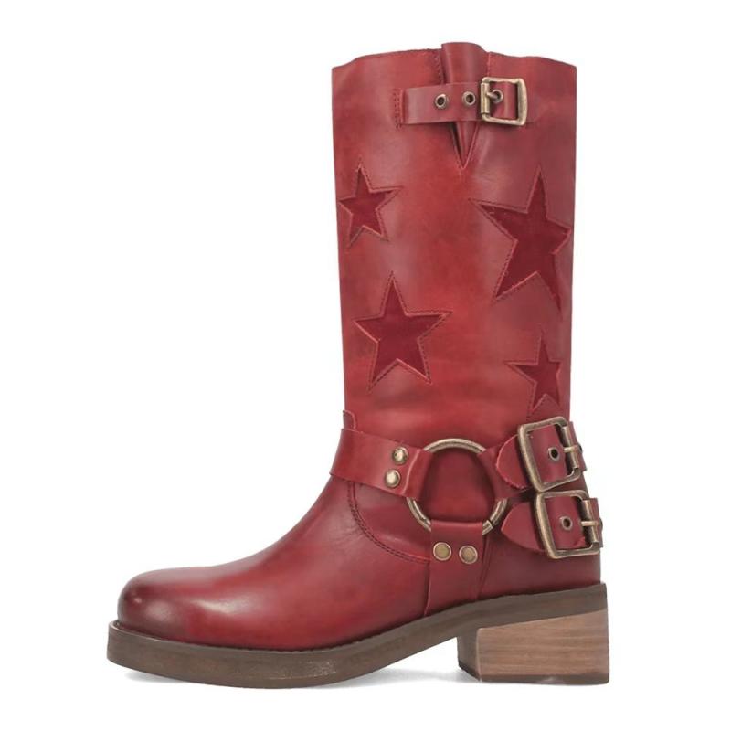 ブーツ レディース 秋冬 欧米風 ウエスタン 星柄切り替え ベルトバックル ミドル丈 チャンキーヒール ..