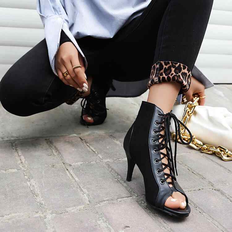 ブーツサンダル レディース 欧米スタイル スエード調 合成皮革 切り替え フロントストラップ カットア..