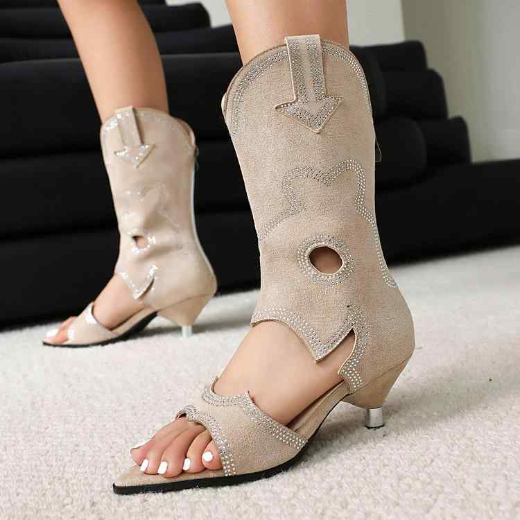 サンダル レディース 春夏 ブーツサンダル オープントゥ ラインストーン カットアウト ローマ風 スエー..