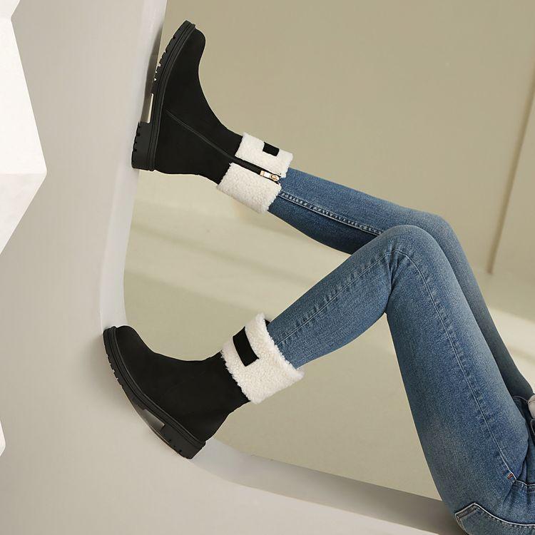 ショートブーツ レディース 切り替え バイカラー スエード調 フリンジ ラウンドトゥ 太ヒール サイドジ..