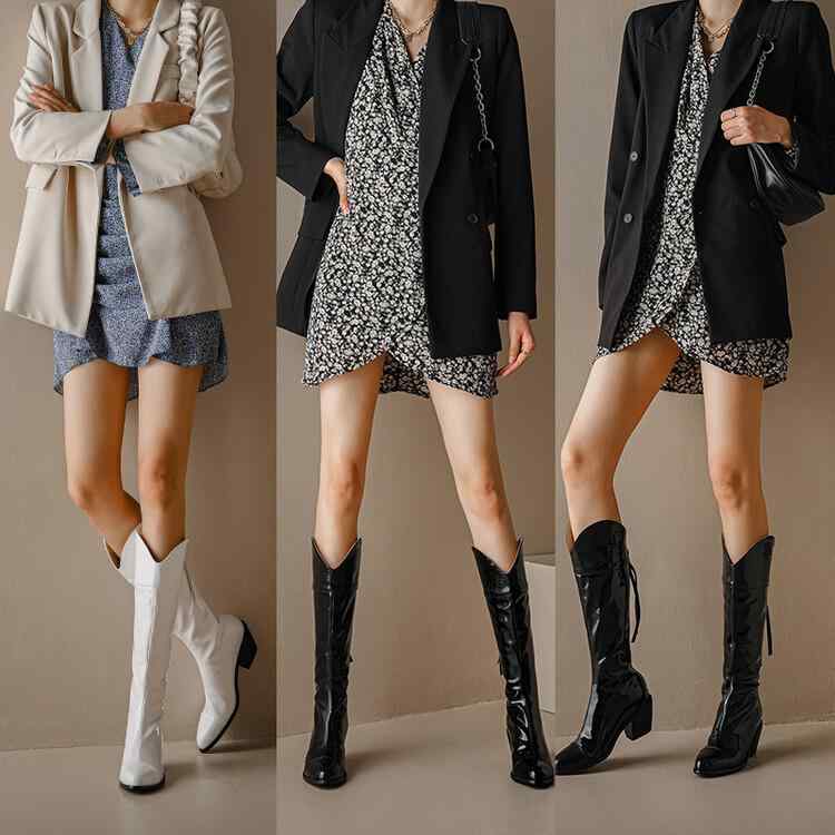 ブーツ レディース 女性用 ロングブーツ ポインテッドトゥ チャンキーヒール 太ヒール ミドルヒール バ..