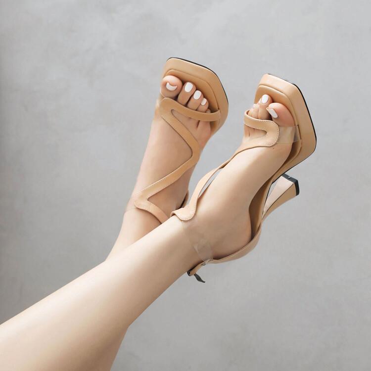 サンダルブーツ レディース 欧米風 エナメル スクエアトゥ オープントゥ サイドオープン ストーム キト..