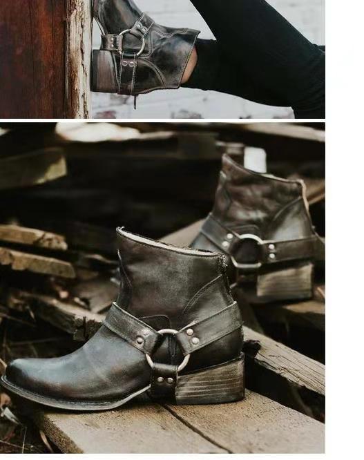 ショートブーツ レディース 欧米風 ラウンドトゥ ベルトバックル バックジッパー ミドル丈 チャンキー..