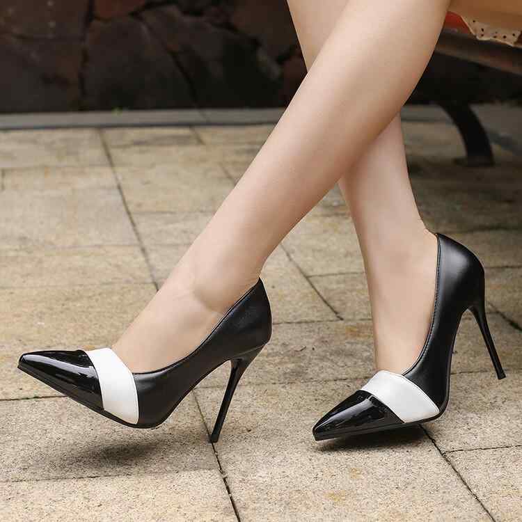 パンプス レディース エナメル 配色切り替え ポインテッドトゥ 浅履き ピンヒール ハイヒール PUレザー..