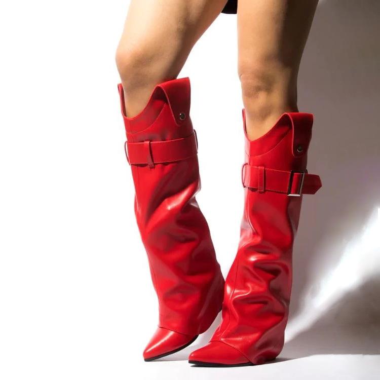 ブーツ レディース 2WAY ロングブーツ ショートブーツ ベルトバックル チャンキーヒール ハイヒール ポ..