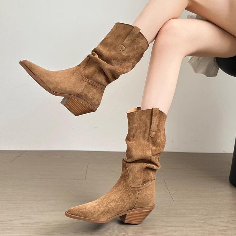 ブーツ レディース 秋冬 スエード ポインテッドトゥ ウェッジヒール ミドルヒール ルーズ ウエスタン ショート丈 ミドル丈 ブラウン 防滑 耐摩耗