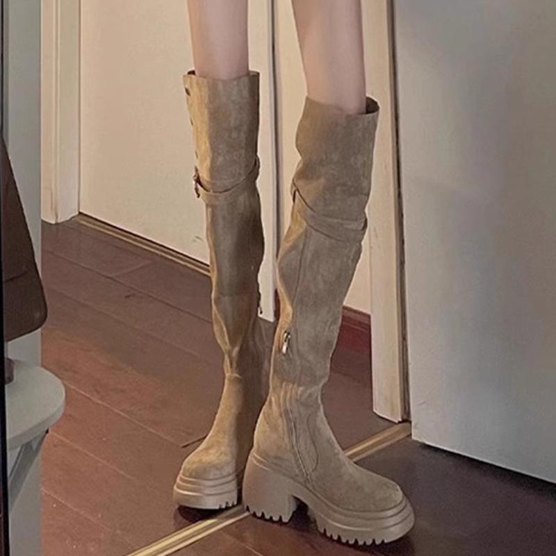 ブーツ レディース 女性用 カーキ スエード ニーハイブーツ 2WAY 太ヒール チャンキーヒール 厚底 ジョ..