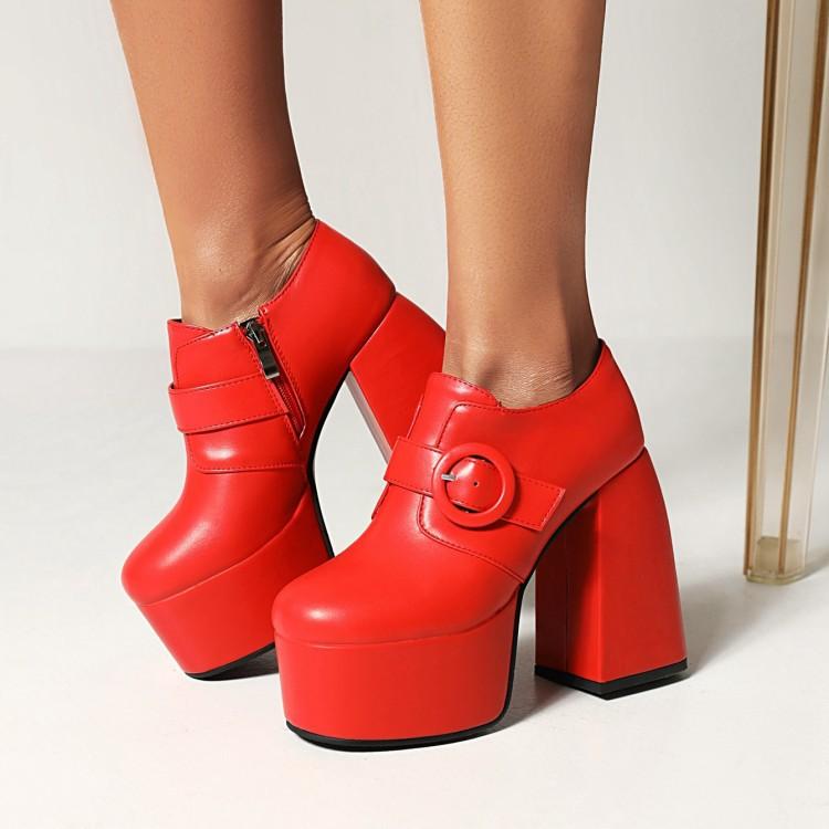 ショートブーツ レディース 太ヒール チャンキーヒール 厚底 プラットフォーム 無地 サイドジップ 大き..