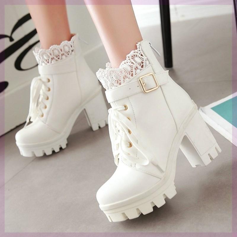 ショートブーツ 男女兼用 ブーツ レースアップ 厚底 プラットフォーム 太ヒール チャンキーヒール ハイ..