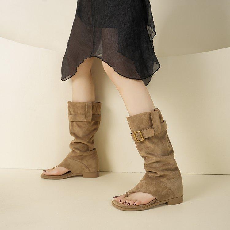 ブーツ レディース スクエアトゥ トング ウエスタン クシュクシュ ローヒール ギャル系 トレンド カジ..