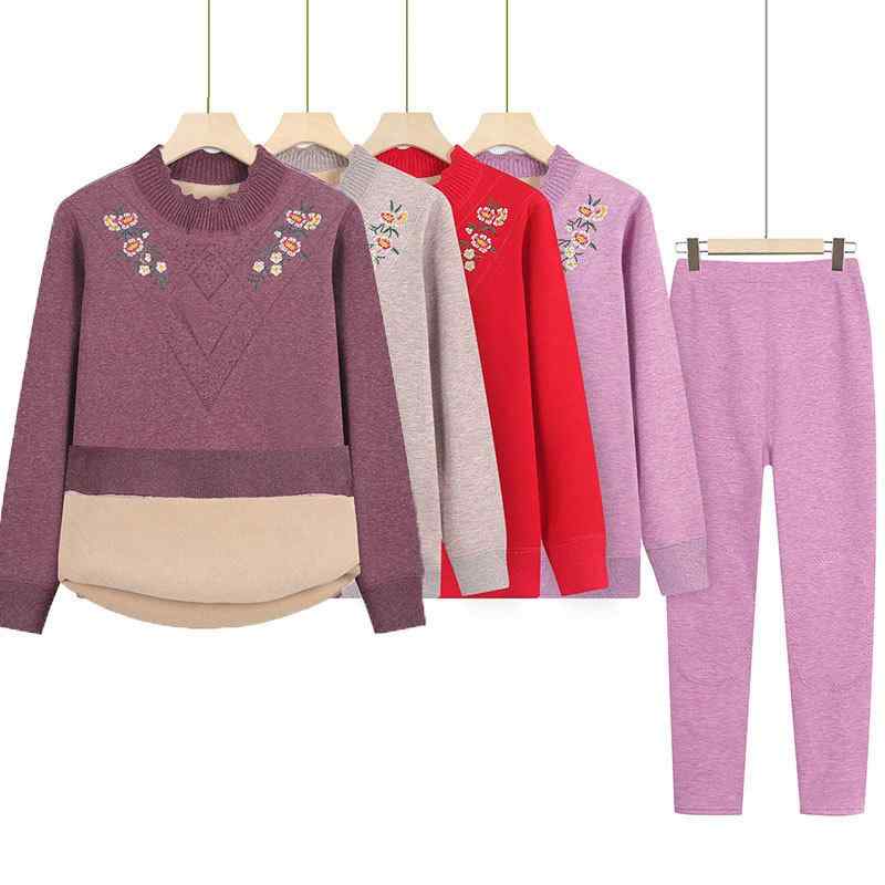 インナーセット レディース 婦人 中高齢者向け ミセス 秋冬 裏起毛 厚手 保温 防寒 あったか ニット素材 ポリエステル混 上下セット ゆったり カジュアル 9分丈パンツ レッド ダスティピンク(4)