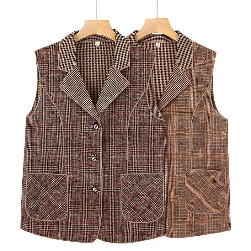 ベスト レディース 中高年 女性 春秋 ノースリーブ チェック柄 アウター ジレ ゆったり 体型カバー カジュアル 普段使い お出かけ 羽織り ポリエステル イエロー系 レッド系