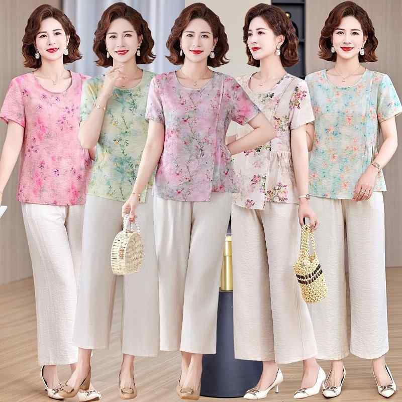 セットアップ レディース ミセス ママ 夏 半袖 花柄 トップス ワイドパンツ ツーピース カジュアル 普段使い お出かけ リラックス 薄手 エレガント 9分丈 ポリエステル