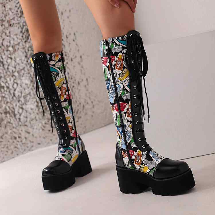 ブーツ レディース 女性用 厚底 プラットフォーム ロング グラフィティ柄 ストリート 落書き風 ラウン..