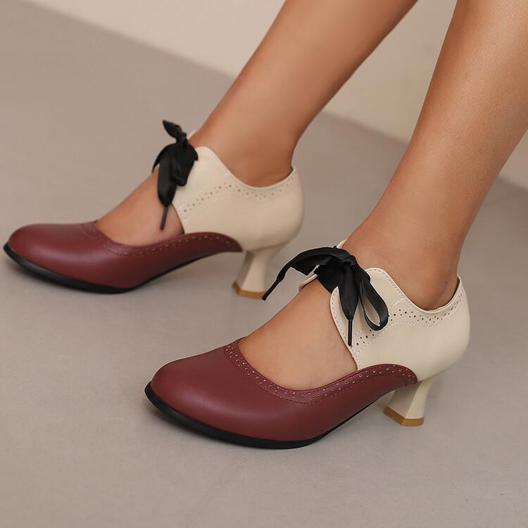 メリージェーン パンプス レディース 欧米風 ラウンドトゥ 浅履き 配 透かし彫り 花柄 フロントレース..