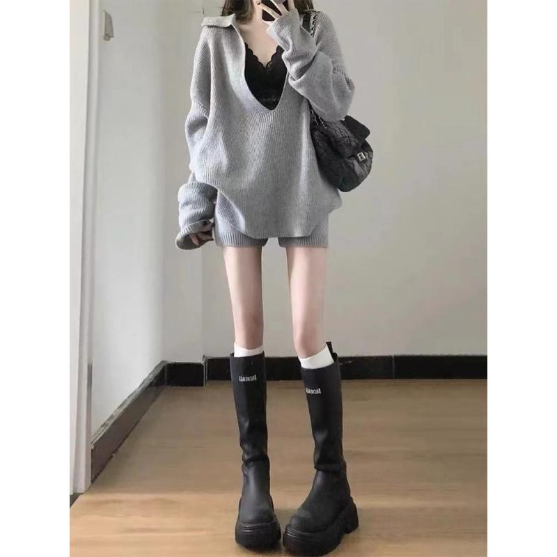 セットアップ レディース 韓国系 秋 Vネック 長袖 ニット トップス ハイウエスト 細見え ショートパンツ 短パン 2点セット きれいめ カジュアル 通勤 普...