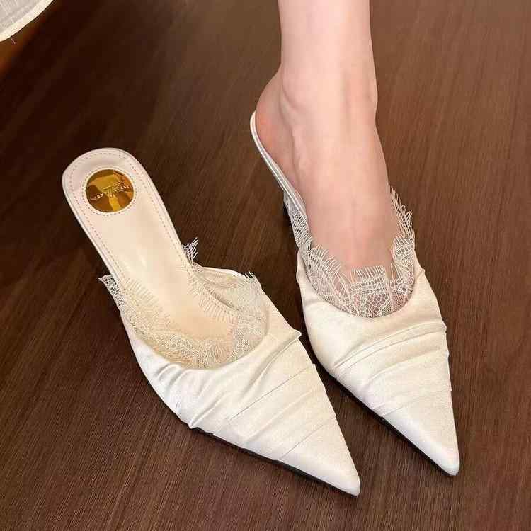 ミュール レディース 女性用 フレンチ サテン レース ポインテッドトゥ ハイヒール ピンヒール サンダ..