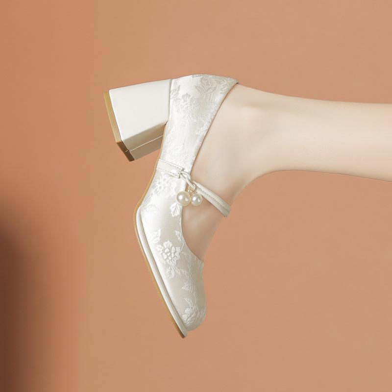 メリージェーン パンプス レディース 春夏 新中国風 レトロ フレンチスタイル サテン 合成皮革 ラウン..