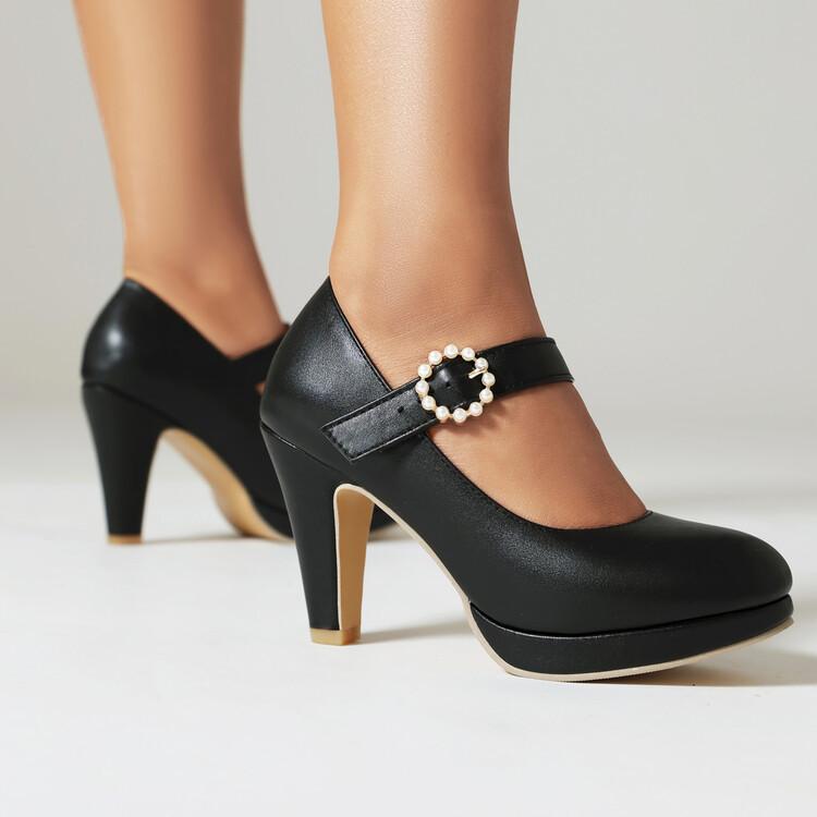 メリージェーン レディース ラウンドトゥ パール ストラップ 太ヒール 高ヒール PUレザー 欧米風 エレガント フォーマル パーティ 結婚式 二次会 ブラック ホワイト スリーシーズン(4)