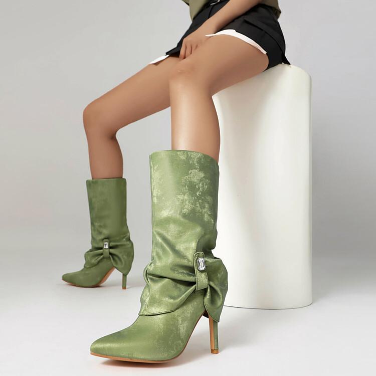 ミドルブーツ レディース プリーツ マット調 ラインストーン ポインテッドトゥ 細ヒール ハイヒール 春..