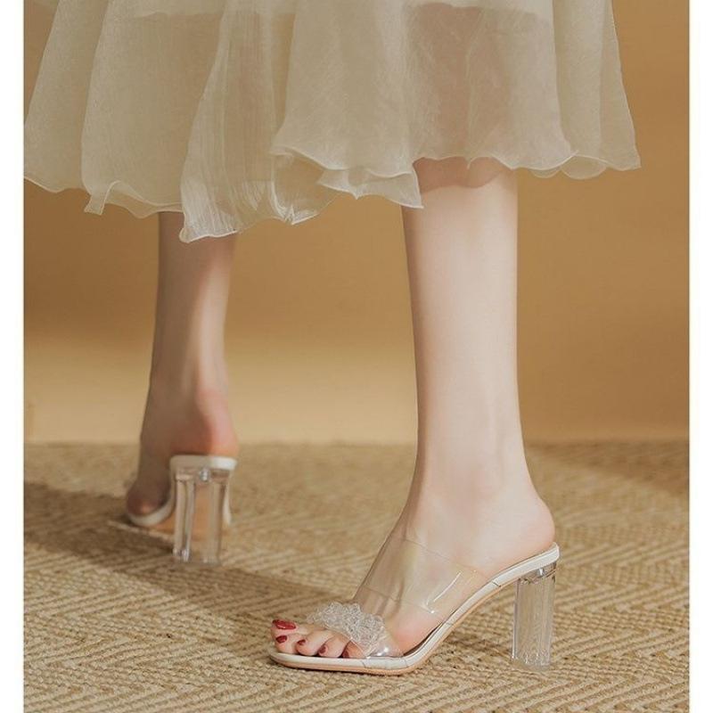 サンダル レディース クリアストラップ ミュール 春夏 パール 太ヒール ミドルヒール ハイヒール クリ..